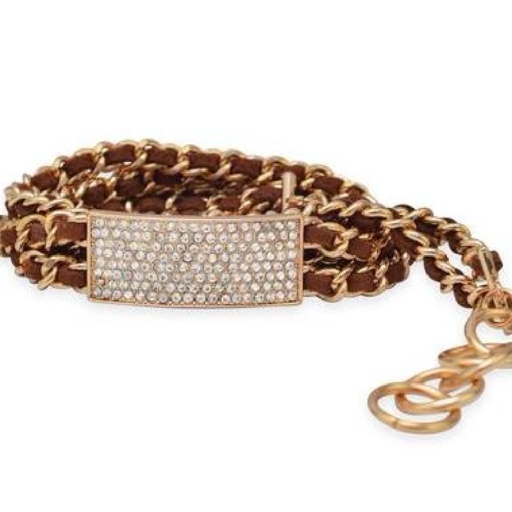 Brown Leather ID Style Bracelet with Gold Tone Chain with CZ'S